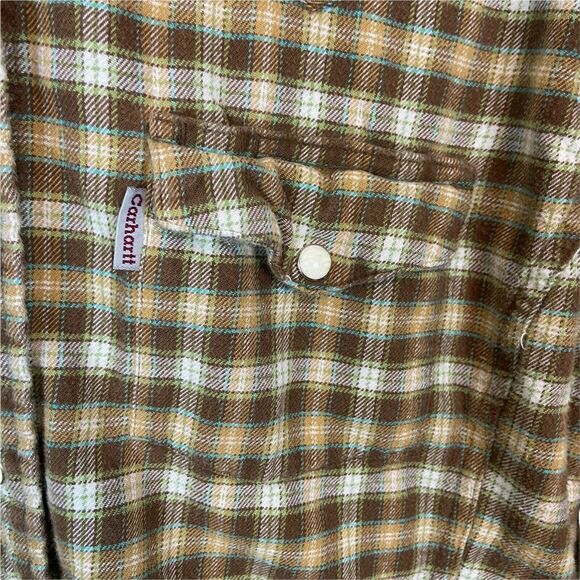 Carhartt Shirt Brush Popper Women's Tan Brown Plaid Long Sleeves Collared Size M - Picture 3 of 13